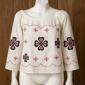 JJ’s Fairyland Embroidered Off-Shoulder Peasant Boho Top White Red Small NWOT